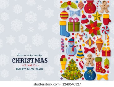 Christmas background with 3d paper cut signs. Cute kids toys and accessories. Snowfall at the back. New Year greeting card or banner concept. Vector illustration.