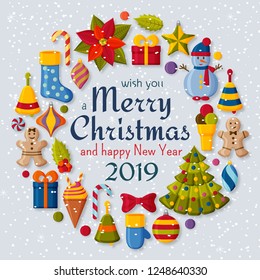 Christmas background with 3d paper cut signs. Cute kids toys and accessories. Snowfall at the back. New Year greeting card or banner concept. Vector illustration.