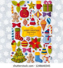 Christmas background with 3d paper cut signs. Cute kids toys and accessories. Snowfall at the back. New Year greeting card or banner concept. Vector illustration.