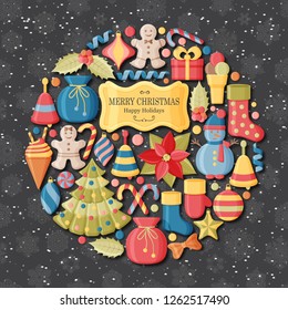 Christmas background with 3d paper cut signs. Cute kids toys and accessories. Snowfall at the back. New Year greeting card or banner concept.  Vector illustration.