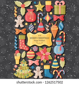 Christmas background with 3d paper cut signs. Cute kids toys and accessories. Snowfall at the back. New Year greeting card or banner concept.  Vector illustration.