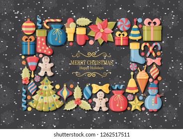 Christmas background with 3d paper cut signs. Cute kids toys and accessories. Snowfall at the back. New Year greeting card or banner concept.  Vector illustration.