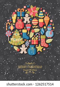 Christmas background with 3d paper cut signs. Cute kids toys and accessories. Snowfall at the back. New Year greeting card or banner concept.  Vector illustration.