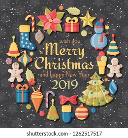 Christmas background with 3d paper cut signs. Cute kids toys and accessories. Snowfall at the back. New Year greeting card or banner concept.  Vector illustration.