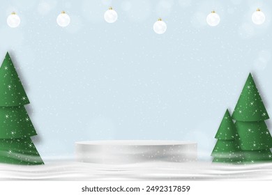 Navidades de fondo con el podio 3d, bolas de cristal colgando para la promoción o presentación venta product.Anuncio escenario plataforma con árboles de nieve y Navidad.Vector Nuevo año Festiva 2025