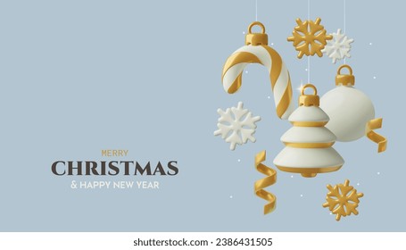 Christmas background with 3D realistic hanging gold xmas tree decorations and ornaments, ball, candy cane, snowflakes and curly ribbons. Happy New Year and Merry Christmas banner.