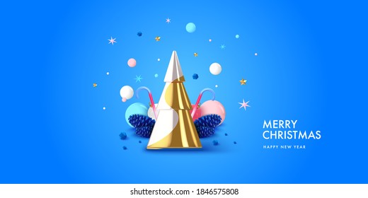 Christmas background in 3d realistic vector design. Abstract xmas tree with gifts, balls and spruce cones. Happy new year card illustration. Web banner template layout.