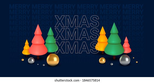 Christmas background in 3d realistic vector design. Abstract xmas tree with gift and golden balls. Happy new year card illustration. Web banner template layout.