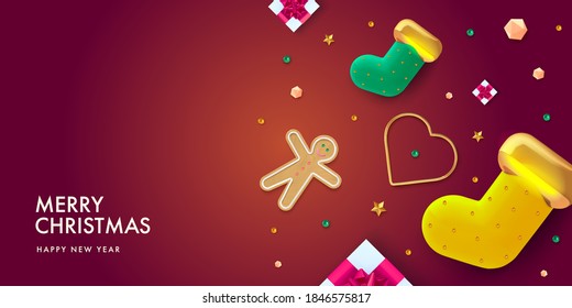 Fondo de Navidad en 3d diseño vectorial realista. Resumen de árbol de Navidad con medias de regalo, galletas y bolas de oro. Feliz año nuevo. Diseño de plantillas de banner Web.