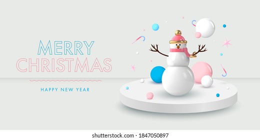 Christmas background in 3d realistic vector design. Abstract xmas snowman with gifts, bubbles and pastel balls. Happy new year card illustration. Web banner template layout.