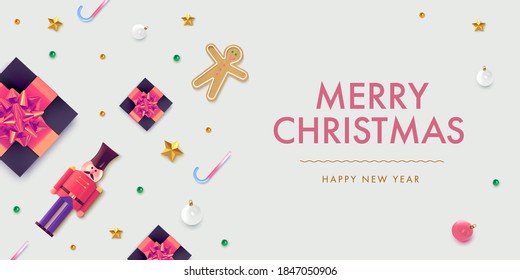 Christmas background in 3d realistic vector design. Abstract xmas flatlay with gifts, nutcracker and cookie. Happy new year card illustration. Web banner template layout.