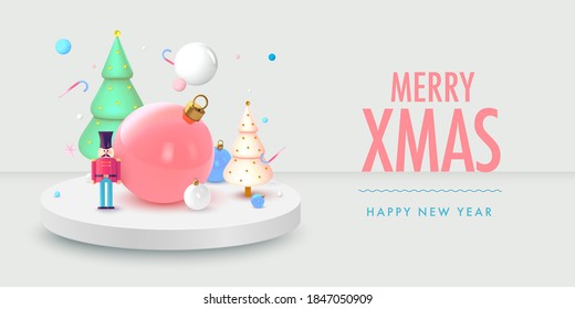 Christmas background in 3d realistic vector design. Abstract xmas with gifts, nutcracker and balls. Happy new year card illustration. Web banner template layout.