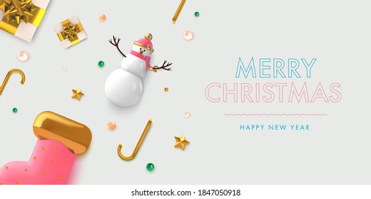 Christmas background in 3d realistic vector design. Abstract xmas flatlay with gifts, snowman and golden balls. Happy new year card illustration. Web banner template layout.