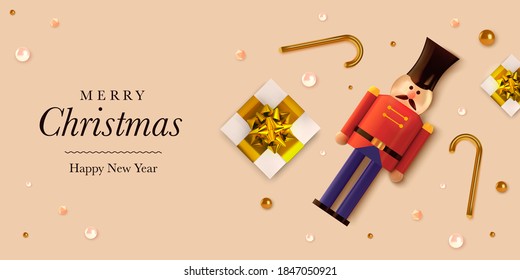 Christmas background in 3d realistic vector design. Abstract xmas flatlay with gifts and nutcracker. Happy new year card illustration. Web banner template layout.