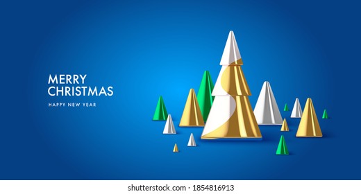 Weihnachtshintergrund in 3D-realistischem Vektordesign. Abstrakter Weihnachtsbaum mit Geschenken, Bälle und Fichtenkonen. Schöne neue Jahreskarten-Illustration. Webbannervorlagenlayout.
