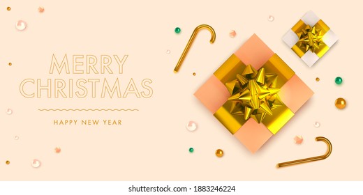 Christmas background in 3d realistic vector design. Abstract xmas tree with gift and golden balls. Happy new year card illustration. Web banner template layout.