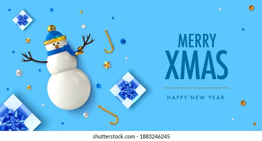 Christmas background in 3d realistic vector design. Abstract xmas flatlay with gifts, snowman and golden balls. Happy new year card illustration. Web banner template layout.