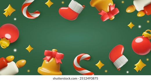 Christmas background 3d vector design with red candy canes, jingle bells, stockings and xmas ornaments on green background in a three dimensional cute realistic plastic style.