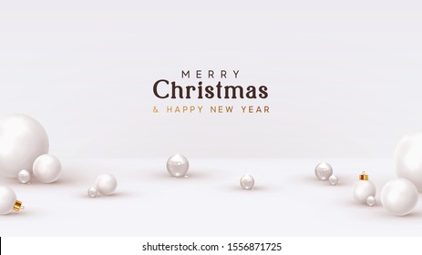 Christmas background, with 3d white balls, glass spheres, round shapes. Minimal Abstract Xmas design. vector illustration