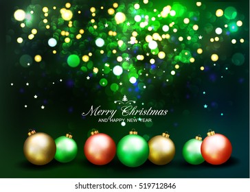 Christmas Background With Abstract Bokeh Lights and Christmas Balls. Vector illustration