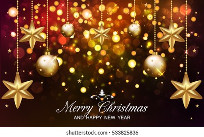 Christmas Background With Abstract Bokeh Lights, Christmas Golden Balls and Stars. Vector illustration 