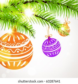 Christmas background with abstract fur tree, balls and snowflake for xmas design. eps 10