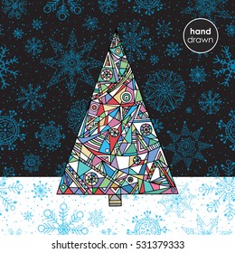 Christmas background with abstract stylized Xmas tree and snowflakes ornaments. Hand drawn winter vector illustration. Modern style.