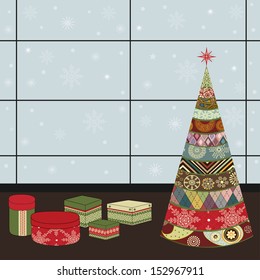 Christmas background with abstract tree and gift packs