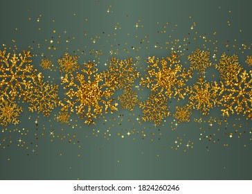 Christmas Background. Abstract Vector Illustration. Winter holiday art with gold snowflakes and glitter