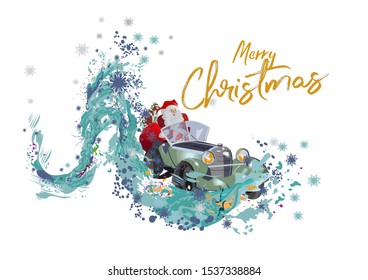Christmas background with abstract winter wave from colorful splashes. Hand drawn vector illustration.