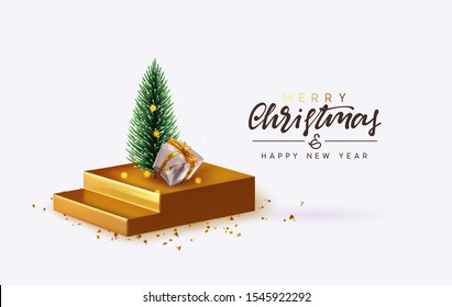 Christmas background. Abstract Xmas design, pine tree on the podium, gift box. Gold and silver colors, glitter golden confetti. Greeting card, banner, festive minimal poster. Happy New Year.
