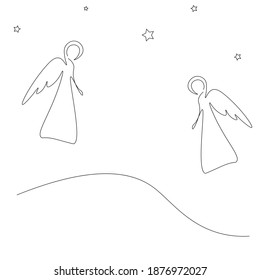 Christmas background. Angels and stars line drawing. Vector illustration