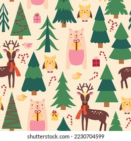 Christmas background with animals and fir trees. Pattern for wrapping paper, fabric, wallpaper.