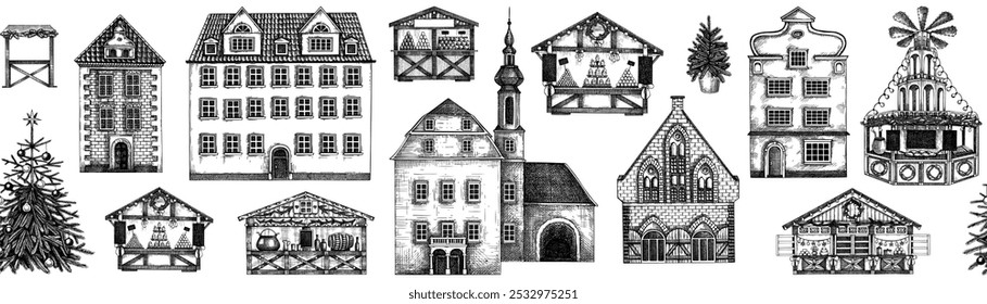 Christmas background. Architecture seamless pattern. Christmas fair border. Old building sketch, hand-drawn vector illustration. NOT AI generated