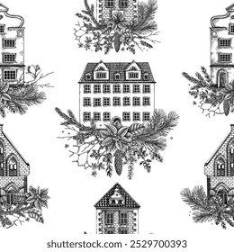 Christmas background. Architecture sketch. Vintage building seamless pattern. European house hand-drawn vector illustration. NOT AI generated