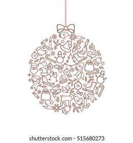 Christmas background with Ball Doodle Decor Elements. Happy Winter Holiday Greeting card design with holiday decoration icons. 