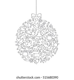 Christmas background with Ball Doodle Decor Elements. Happy Winter Holiday Greeting card design with holiday decoration icons. 