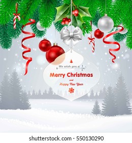 Christmas background with a ball and fir in snow. Vector  EPS 10.