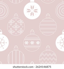 Christmas Background. Christmas Ball Ornaments Silhouettes Pattern. Seamless Geometric Print with Christmas Ornament. Trendy Flat Style Background. Vector in White on Pink