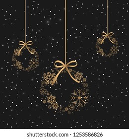 Christmas background with ball from snowflakes on black background. Vector illustration.