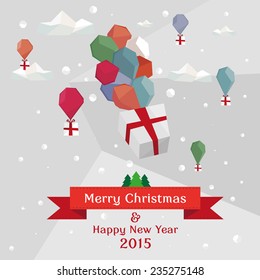 Christmas background with balloons, clouds and gifts
