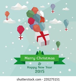 Christmas background with balloons, clouds and gifts
