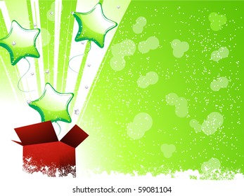 Christmas background with balloons flying out of red present on a green background