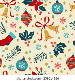 Christmas background with balls, bells, flowers. Vector illustration