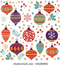 Christmas background with balls bells flowers. Vector illustration