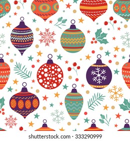 Christmas background with balls bells flowers. Vector illustration