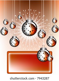 christmas background with balls and blank frame for text