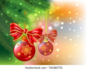 Christmas background with balls, bow  and fir tree.