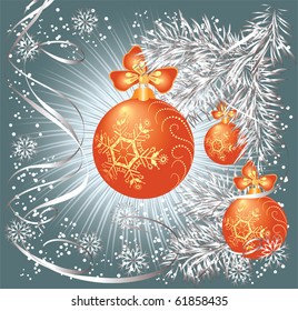 Christmas background with balls, bow, serpentine, snowflakes and silvery fur-tree