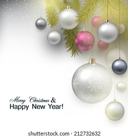 Christmas background with balls. Colorful Xmas baubles. Vector